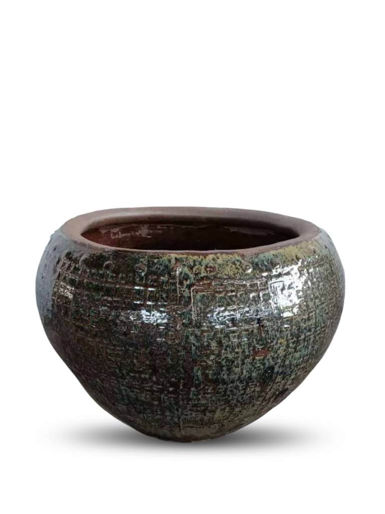 Lisie Natural blue ceramic pot square pattern low