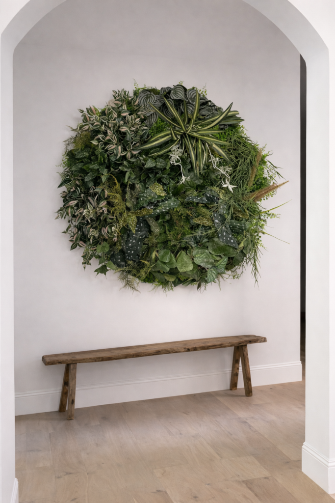 Kunstplanten met mos op wand