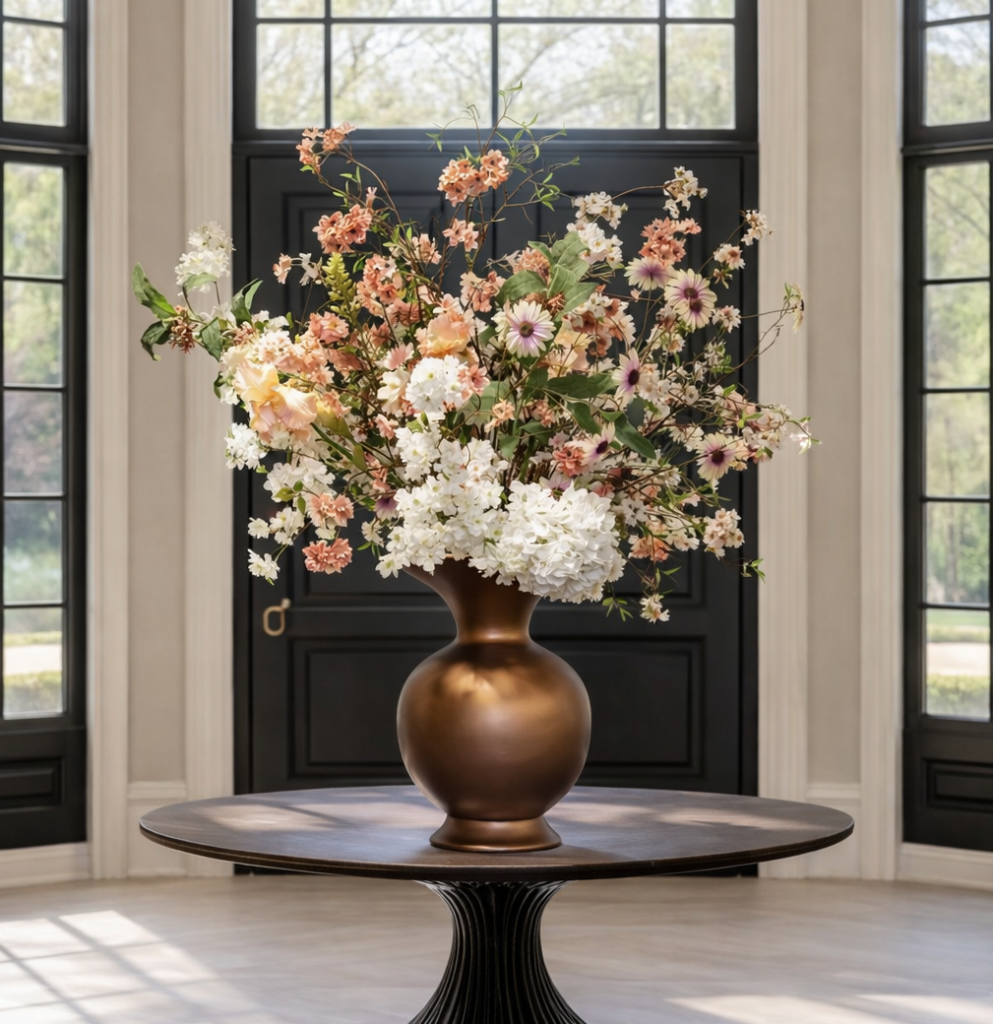 Groot zijden bloemstuk in een bronzen vaas op een ronde tafel in een lichte hal