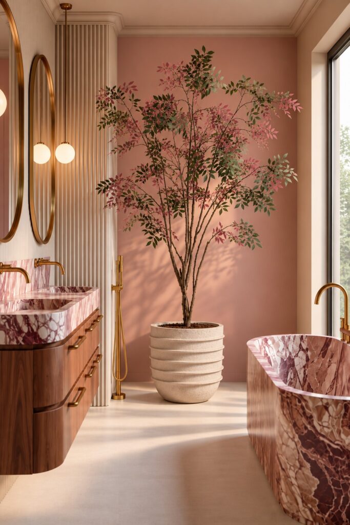 Kunstboom met groen en roze blad in een lichte pot in een luxe badkamer