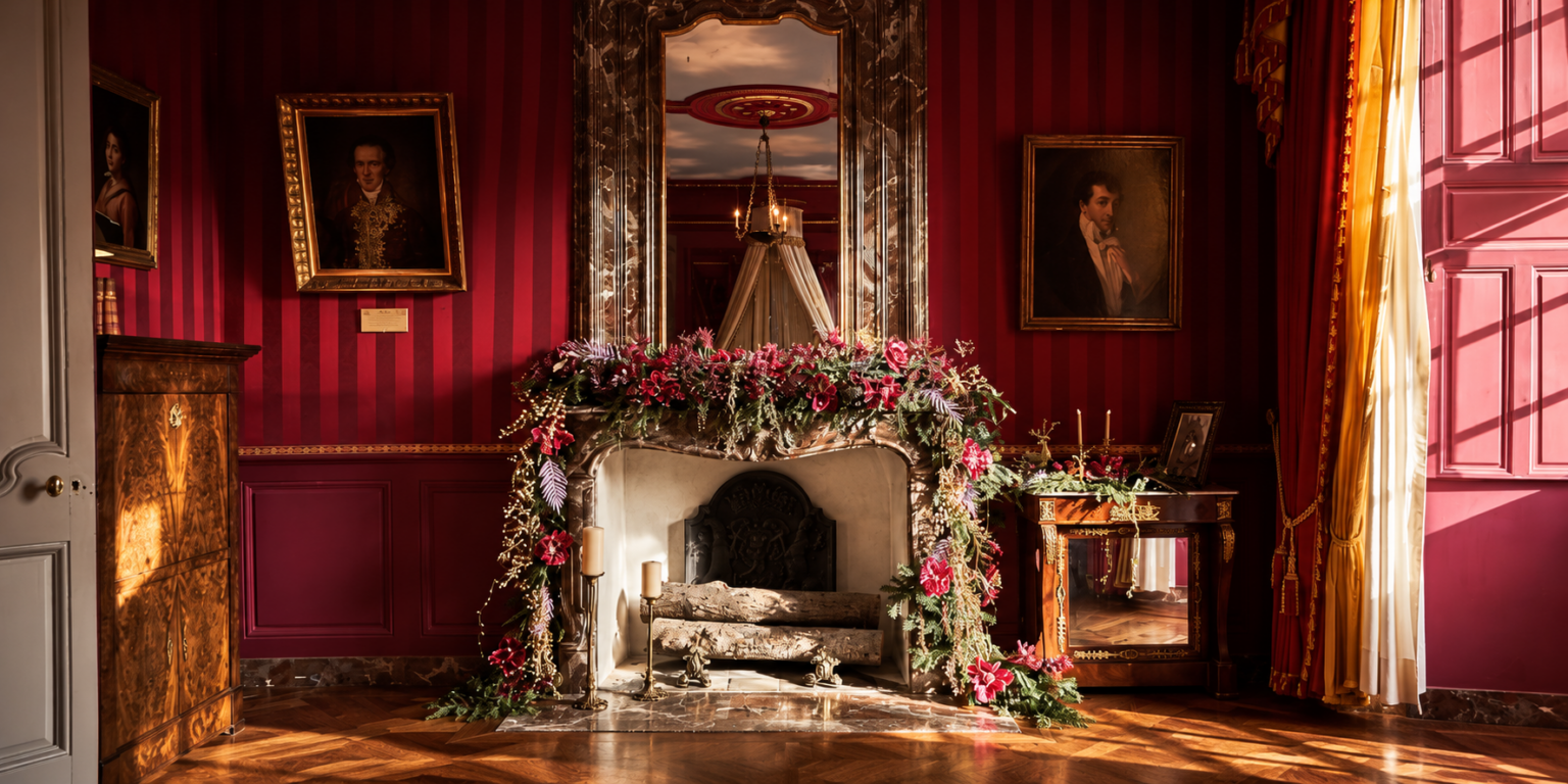 Kerstbloemwerk op een schouw in een klassieke salon, kerst 2026 bij Exclusief Ingericht