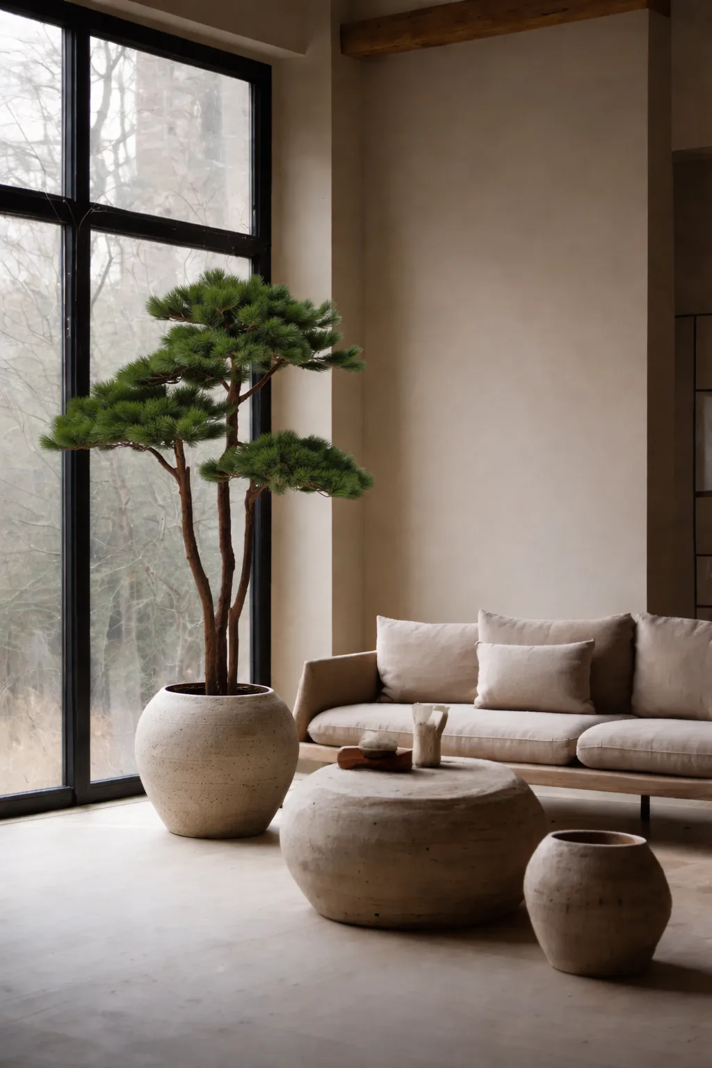 Woonkamer met een grote bonsai kunstboom bij het raam