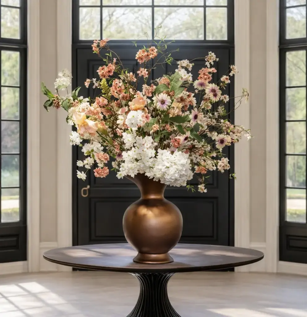 Groot zijden bloemstuk in een bronzen vaas op een ronde tafel in een lichte hal
