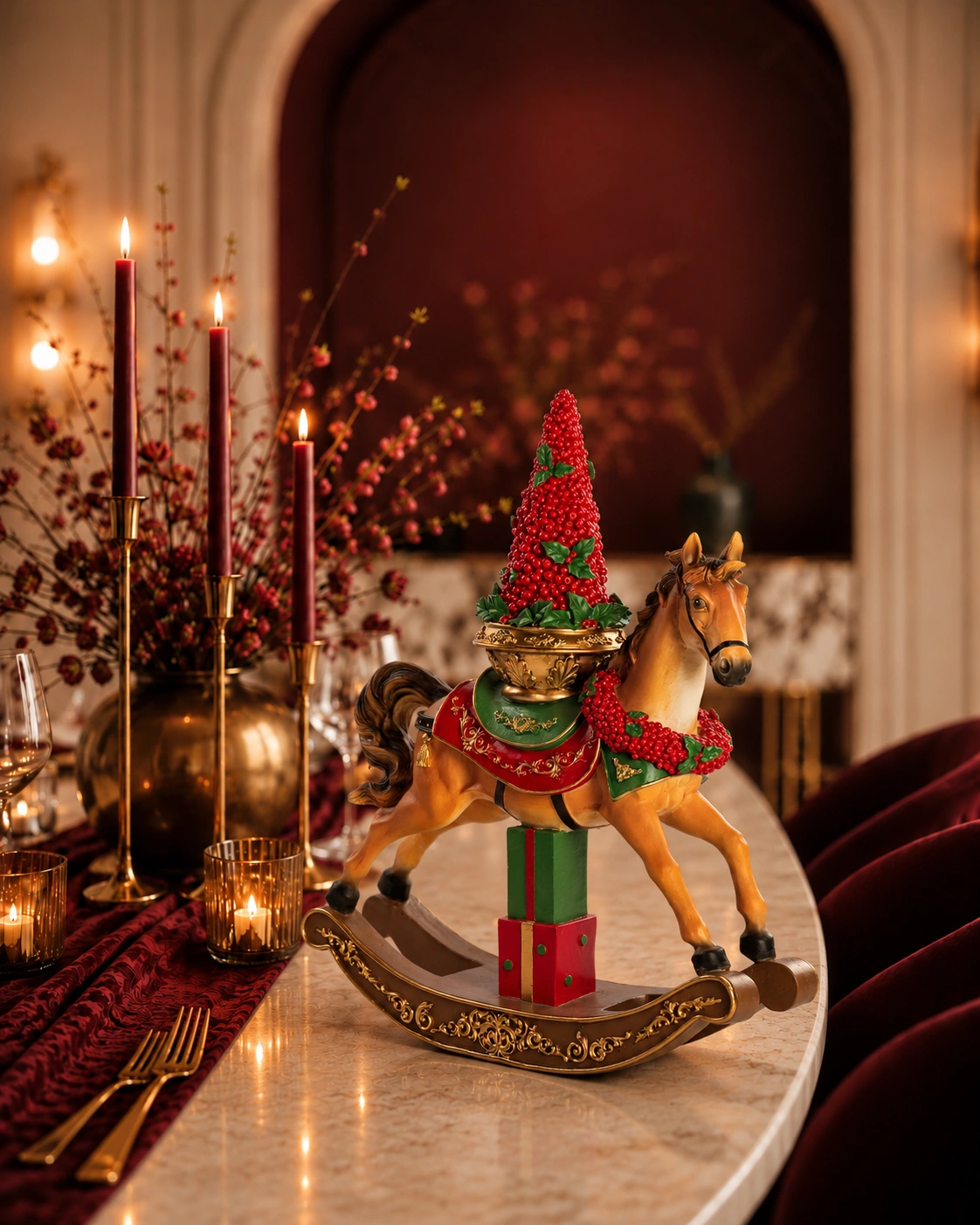 Kersthobbelpaard met kerstboompje op een gedekte kersttafel, cadeau tot 150 euro