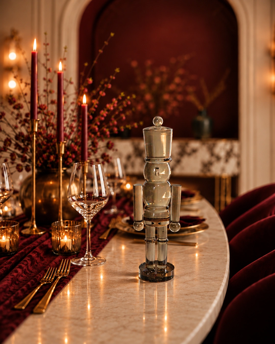 Bruine notenkraker op een feestelijk gedekte kersttafel, cadeau tot 50 euro